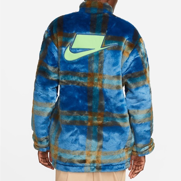 Nike Faux Fur Plaid Jacket Blue Green oversized Sportswear streetwear - Picture 5 of 11